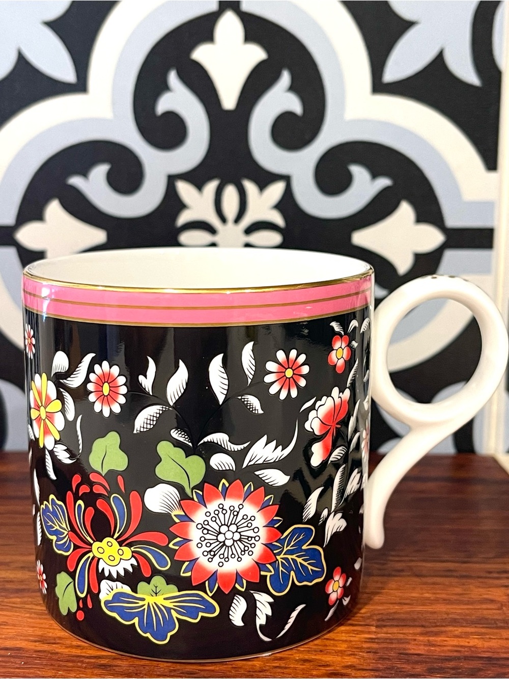 WEDGEWOOD Oriental Jewel Mug Bone China 3.25 Black Floral with Gold Trim